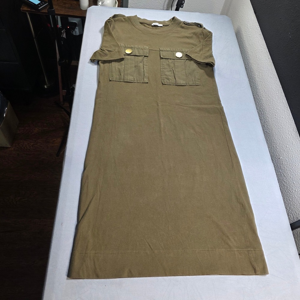 Zara Trafaluc Womens Olive Green Utility T-Shirt Dress Gold‎ Button Pockets S